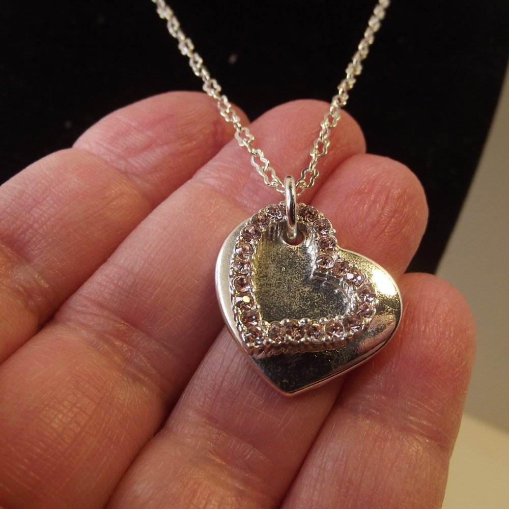 Silver Tone & Pink Rhinestone heart pendant necklace